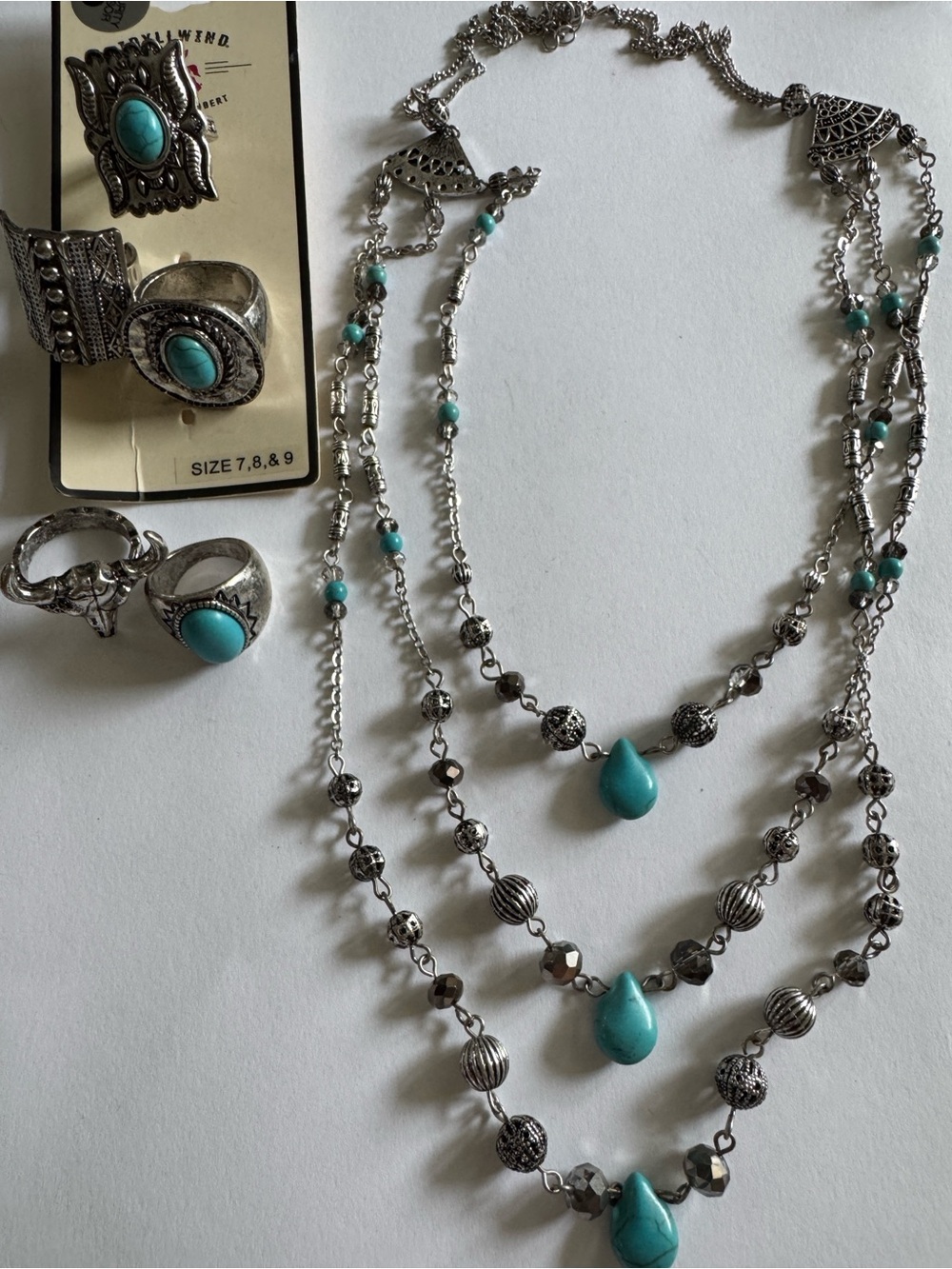 Size 7, 8 & 9 Rings / Layered Turquoise Teardrop Necklace Set - Women's Jewelry